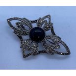 Vintage Silver Marcasite Brooch with Black Onyx Stone to Centre. Art Deco Style. 925 Silver. 6.5 x