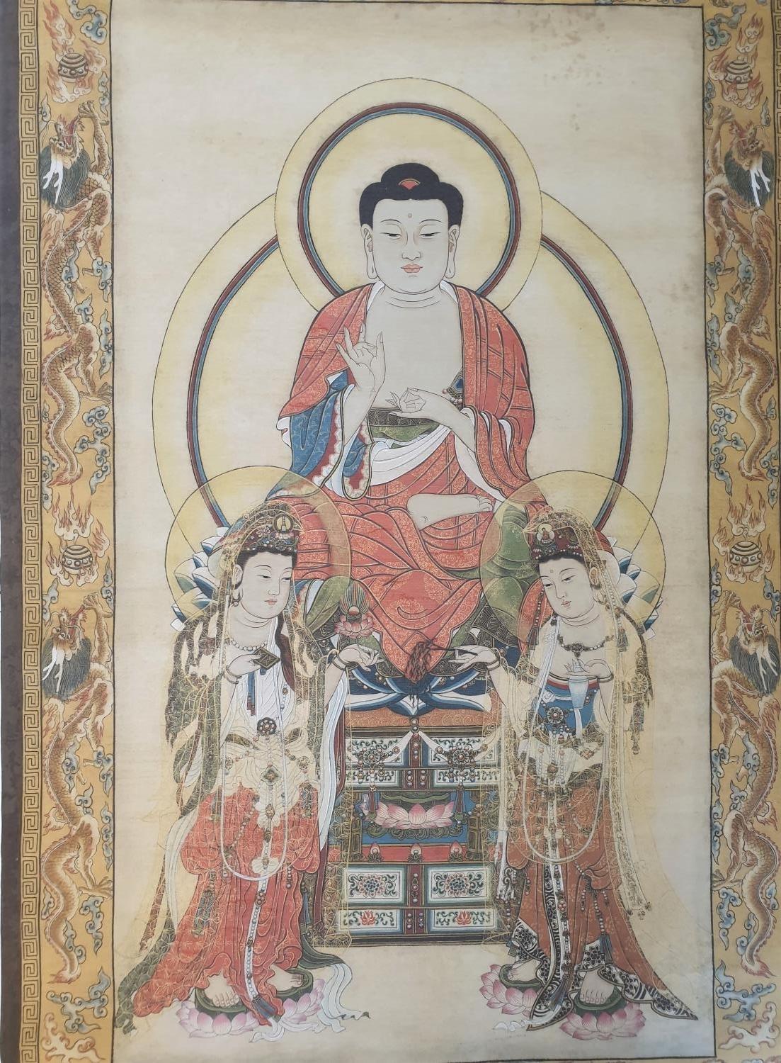 Tibetan Thangka depicting ? Three saints of the west?, in the middle is Shakyamuni, sitting on a - Image 3 of 10
