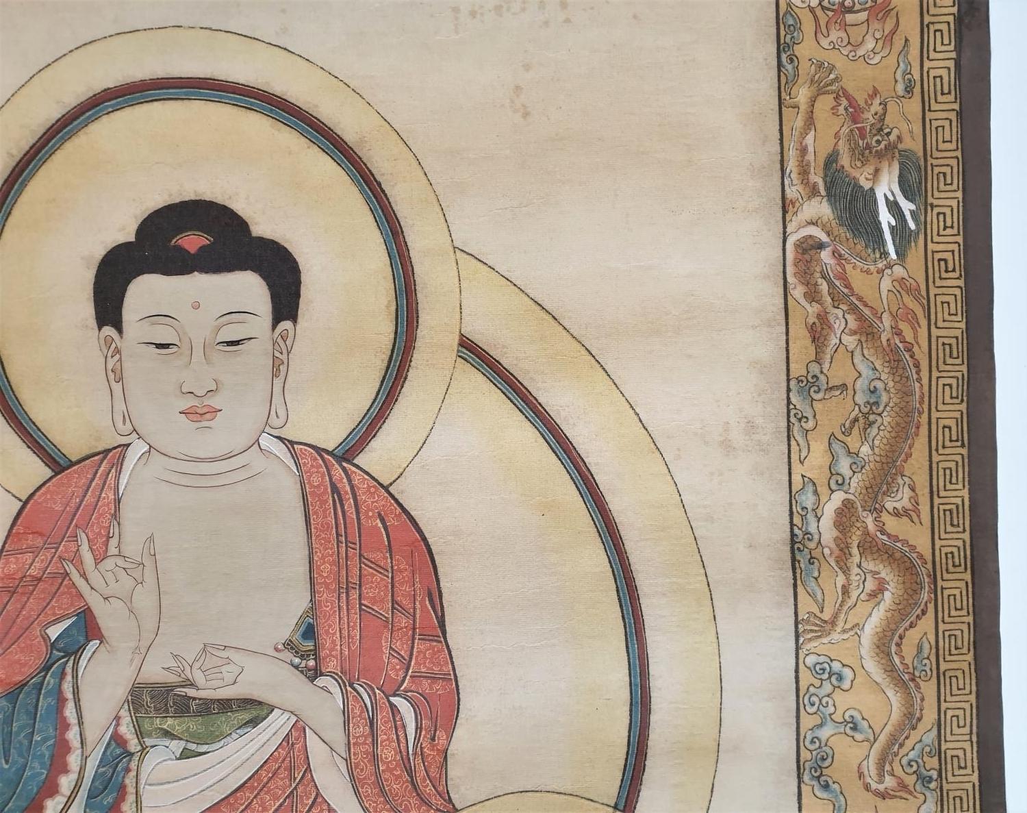 Tibetan Thangka depicting ? Three saints of the west?, in the middle is Shakyamuni, sitting on a - Image 6 of 10