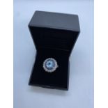 18ct White Gold Ring with Aqua Marine Centre Stone Surrounded by Sapphires and Diamonds, 6.8g,