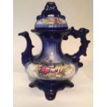 Staffordshire Pottery Teapot in Royal Blue, having illustration to both sides of pot and lid,