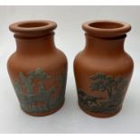 Pair of Terracota pots, 11cm tall with hunting, fishing and shooting decoration (2)