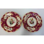 A Pair Rococo Scroll Shape Plates in Maroon, Good Condition.