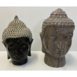 2x Buddha Heads, one ornate wooden and a heavy ceramic one, 26 &30cm tall (2)