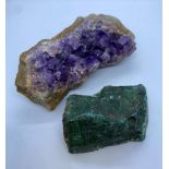 Large Piece of Amethyst Natural Crystal Rock with a Piece of Natural Malachite.