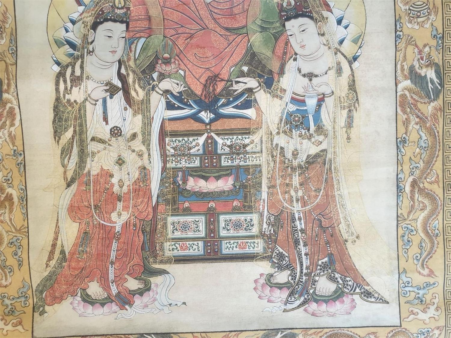 Tibetan Thangka depicting ? Three saints of the west?, in the middle is Shakyamuni, sitting on a - Image 7 of 10