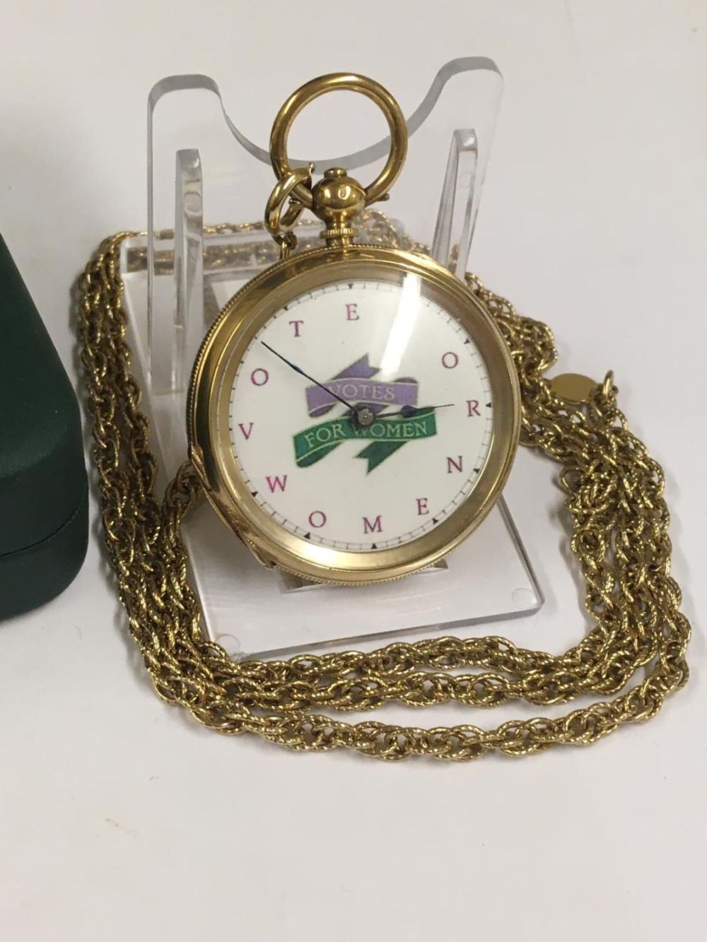 Antique Gilt Silver Suffragette Pocket Watch with box and chain unusual hallmark, case 41mm diameter - Image 5 of 8