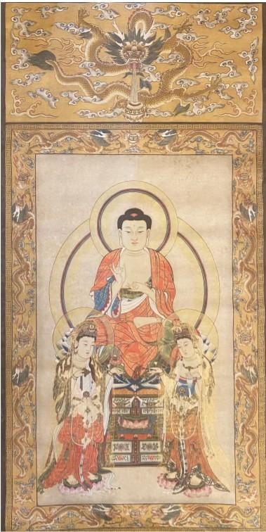 Tibetan Thangka depicting ? Three saints of the west?, in the middle is Shakyamuni, sitting on a