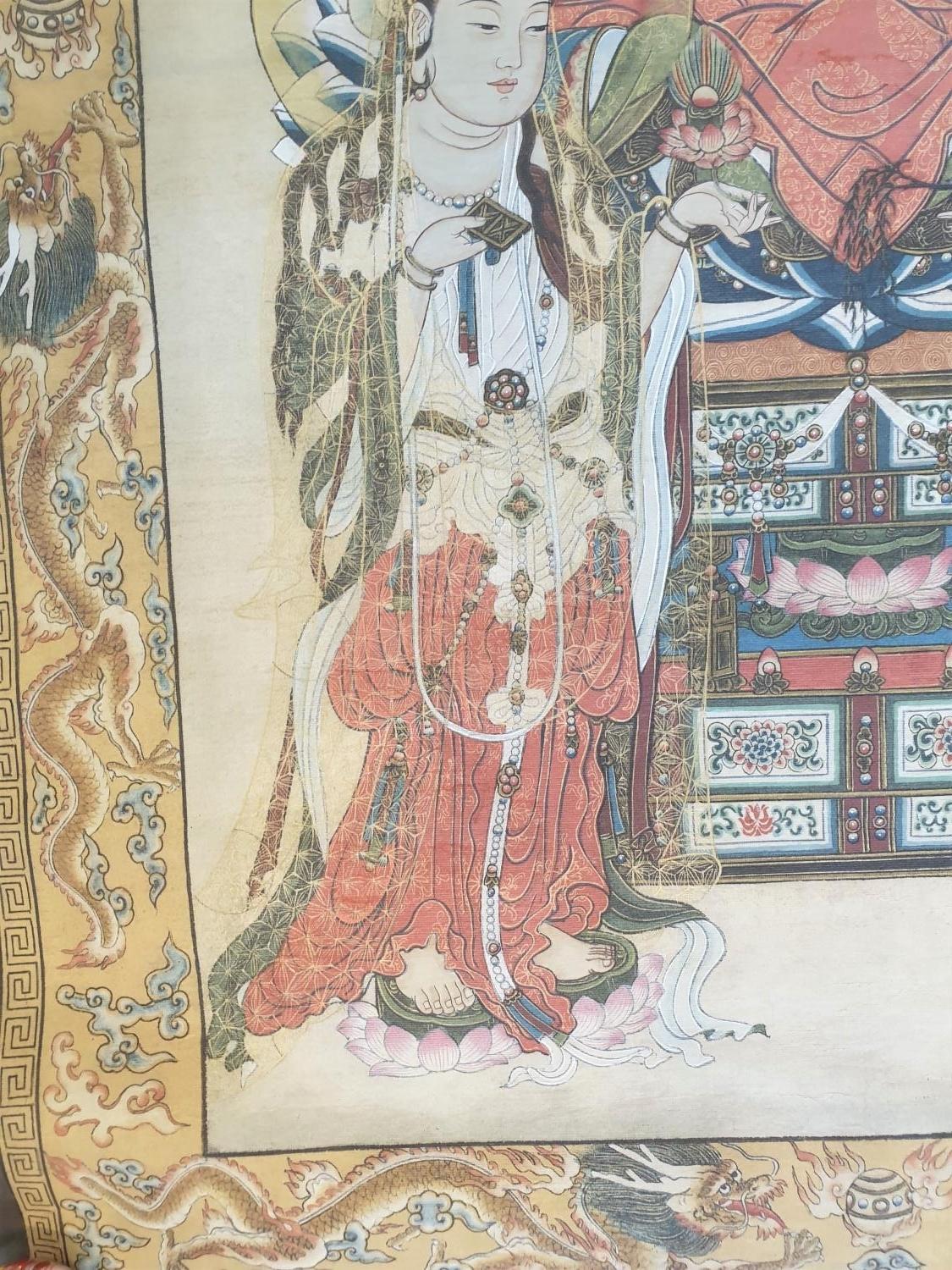 Tibetan Thangka depicting ? Three saints of the west?, in the middle is Shakyamuni, sitting on a - Image 8 of 10