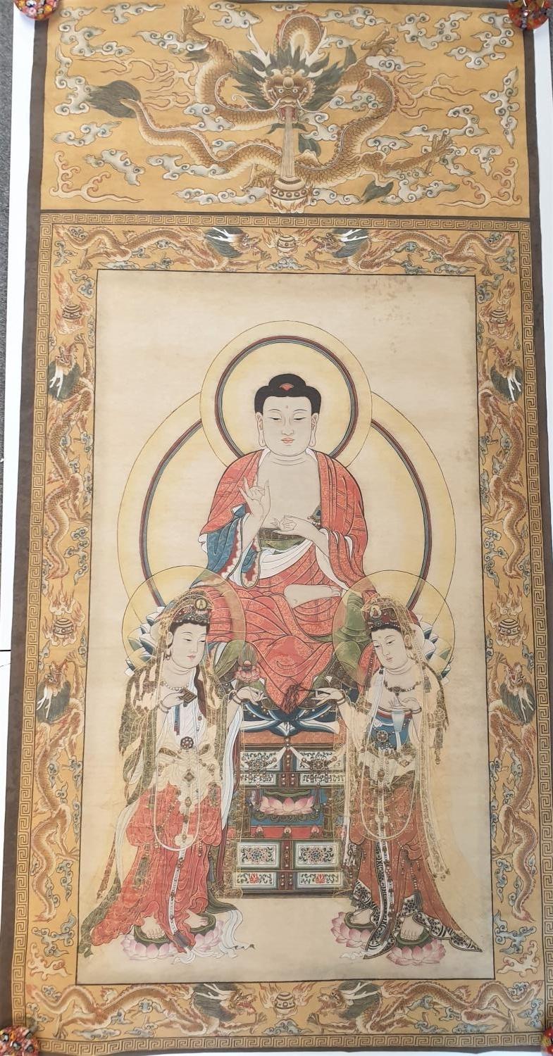 Tibetan Thangka depicting ? Three saints of the west?, in the middle is Shakyamuni, sitting on a - Image 9 of 10