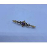 Edwardian 9ct Gold Amethyst & Seed Pearl Bar Brooch, 1.4g.