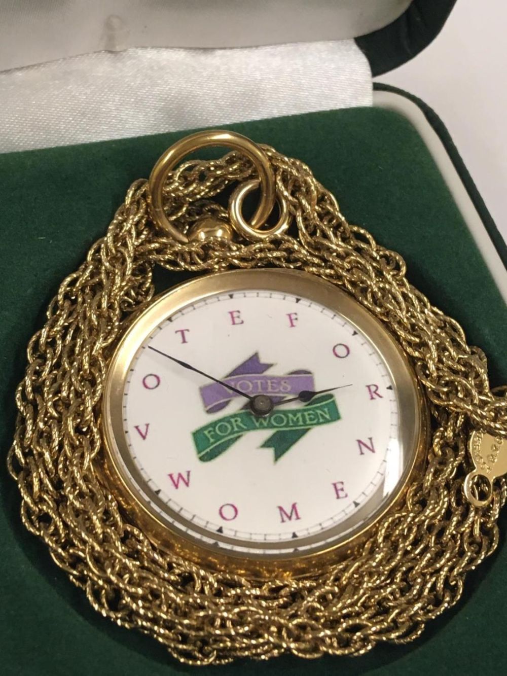 Antique Gilt Silver Suffragette Pocket Watch with box and chain unusual hallmark, case 41mm diameter