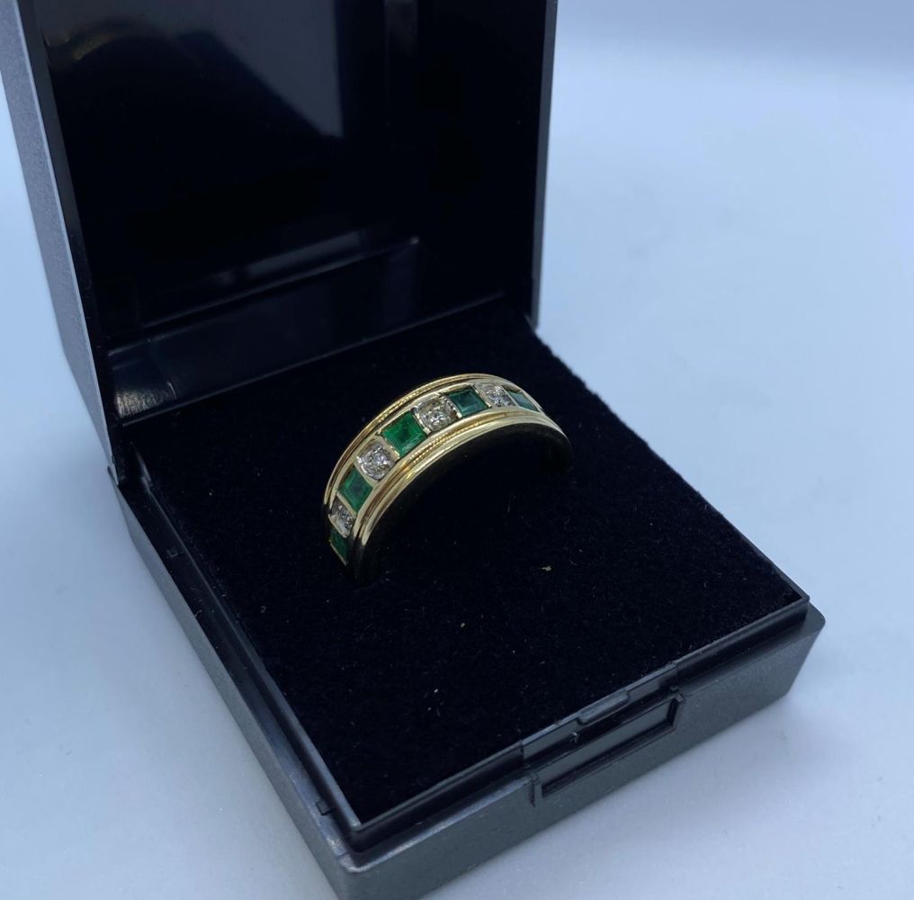 Stone Set Gold Ring Having Emeralds and Diamonds to Top in a Half Eternity Type Setting. 9 Carat - Image 2 of 4