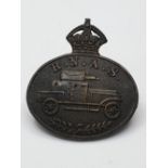 WW1 Cap Badge Royal Navy Air Service.(Armoured Car Section) Kings Crown Blackened Brass.