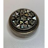 Vintage Silver Pill Box with Inlaid Mother of Pearl Design Feature to lid, Mosaic Pattern