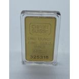 One ounce Fine Gold (24ct) ingot minted by credit Suisse