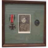 WW2 Framed German Iron Cross 2nd Class & Black Wound Badge with photograph of the recipient. The