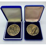 2x 1980's Golf Awards, 6cm diameter in velvet presentation boxes (2)