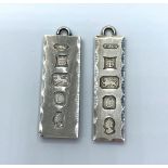 2x Vintage Silver Ingot Pendants with clear hallmarks for Birmingham 1977, 45g weight and 4.5cm long