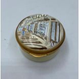 Ornate enamelled pill box with a picture of Prince Arcade, Piccadilly London on top, 4cm diameter