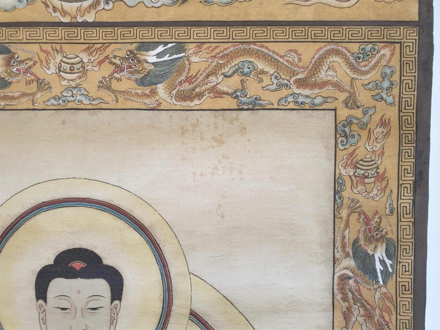 Tibetan Thangka depicting ? Three saints of the west?, in the middle is Shakyamuni, sitting on a - Image 5 of 10