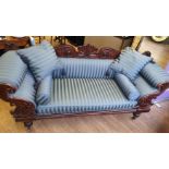 Victorian Handmade Sofa on Casters, sympathetically restored ,finished in blue satin stripe length