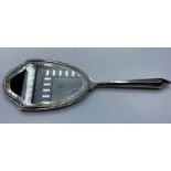 Vintage Art deco silver hand held mirror, unusual shaped mirror with tapered handle and finial