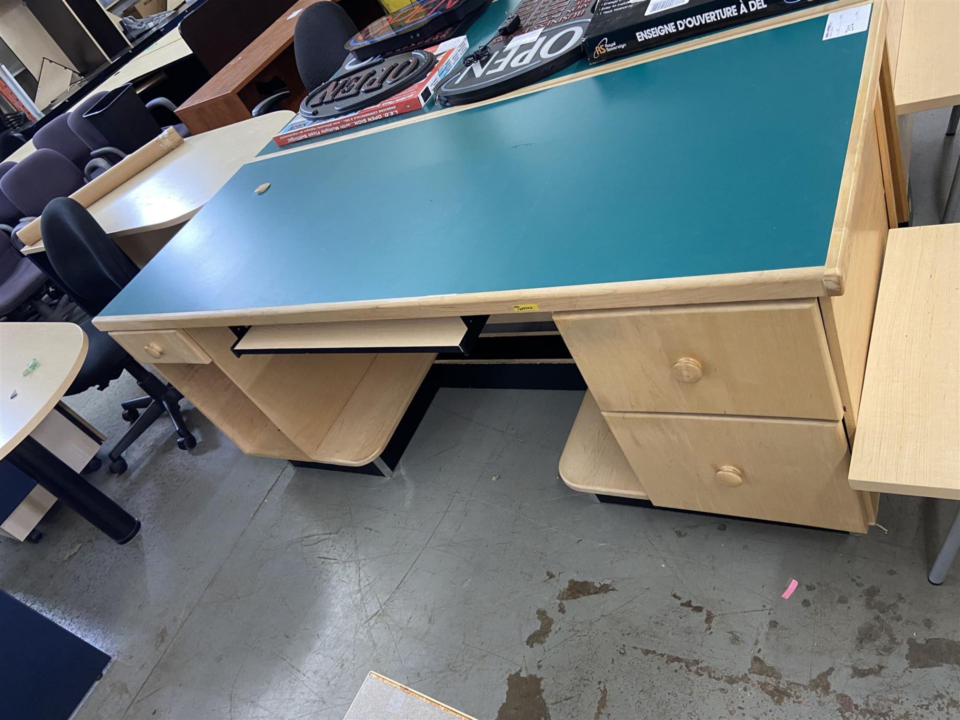 LARGE WOODEN TABLE/DESK GREEN TOP, DOUBLE PEDISTAL, 76X31 - (SEE PHOTOS FOR DETAILS)