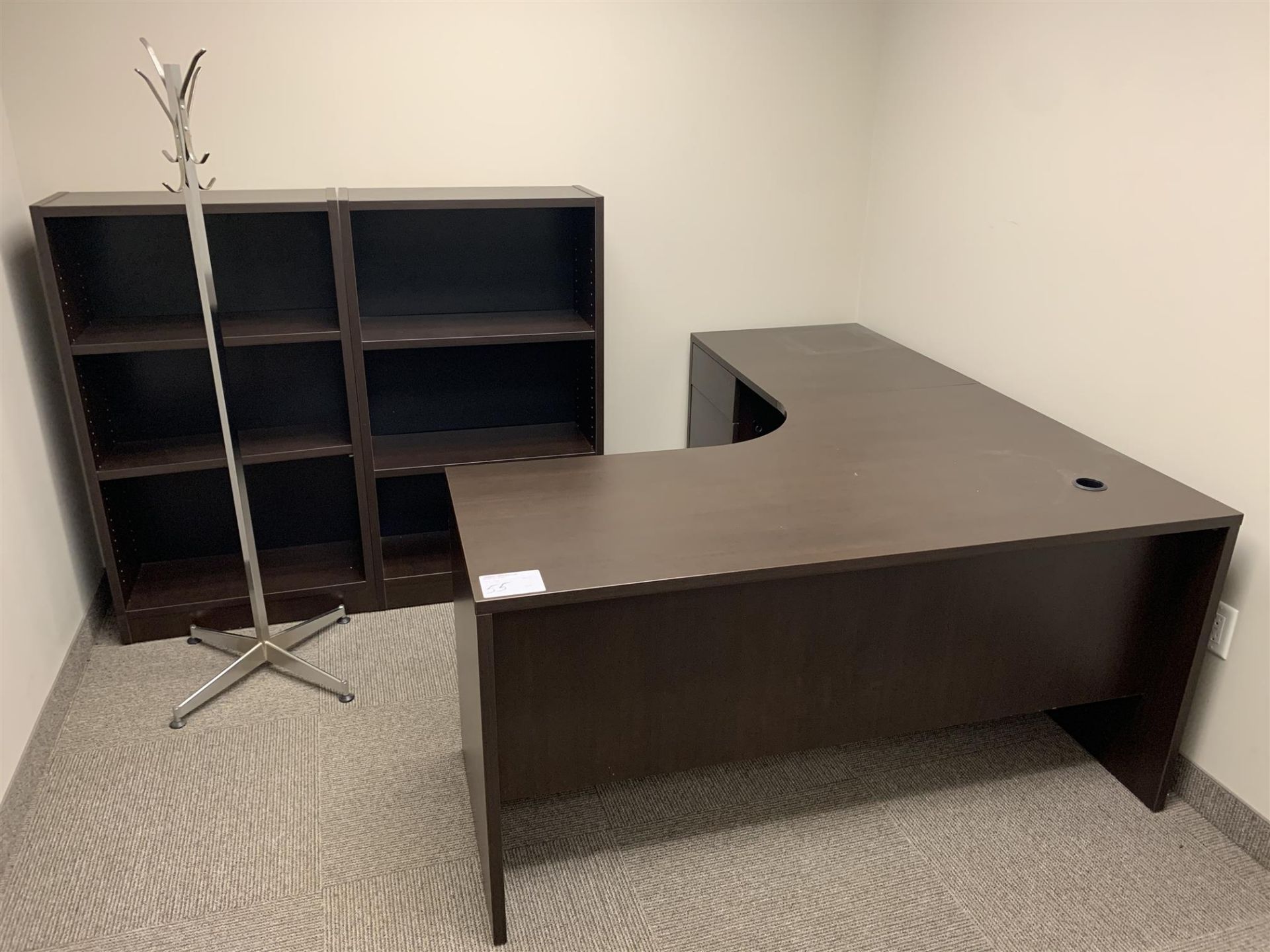 OFFICE SUITE - L SHAPED DESK, COAT RACK & 2 X BOOK SHELF