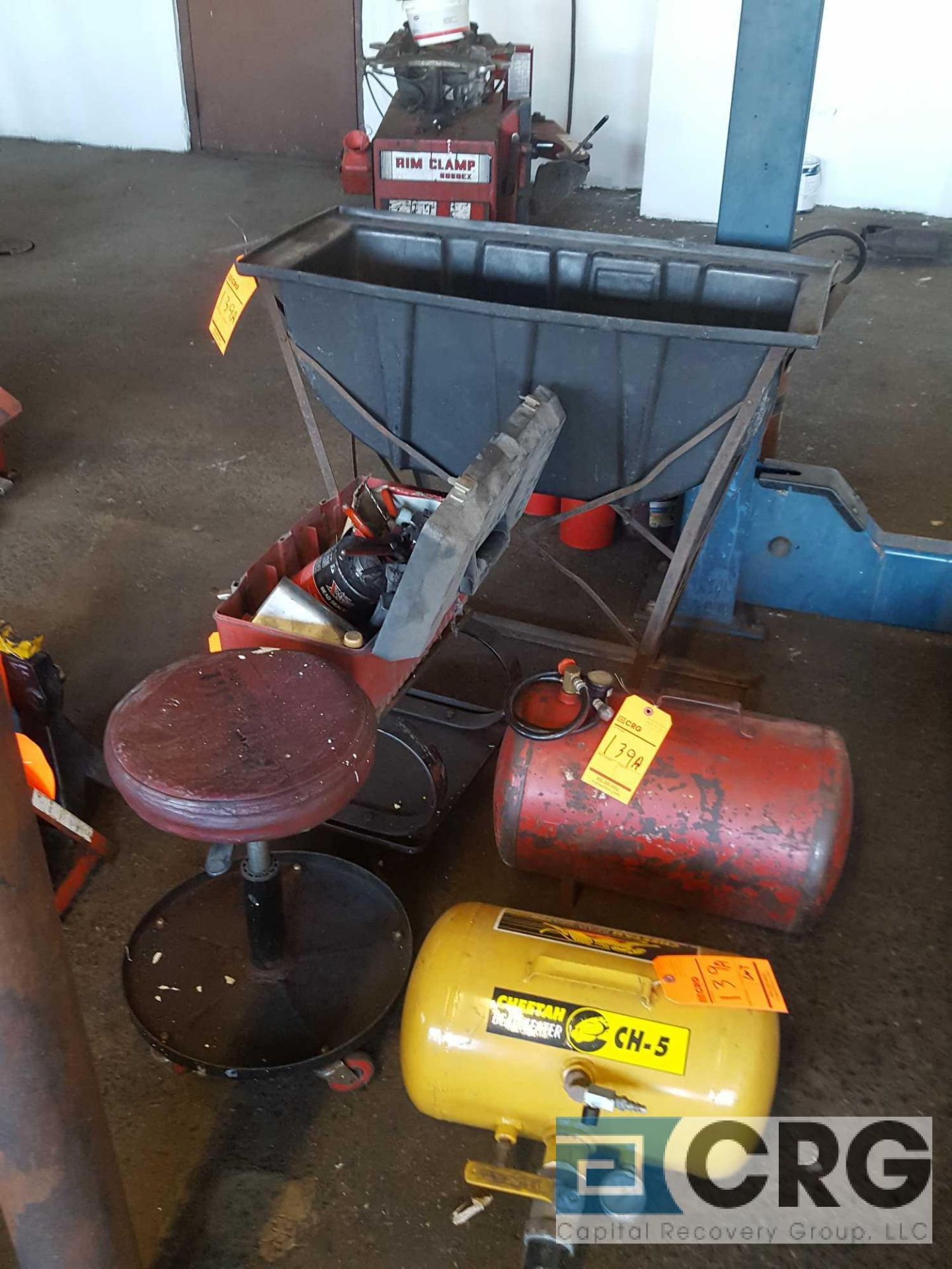 Lot of assorted tire repair devices, including (2) assorted air tanks, water tub leak detector, hand - Image 2 of 3
