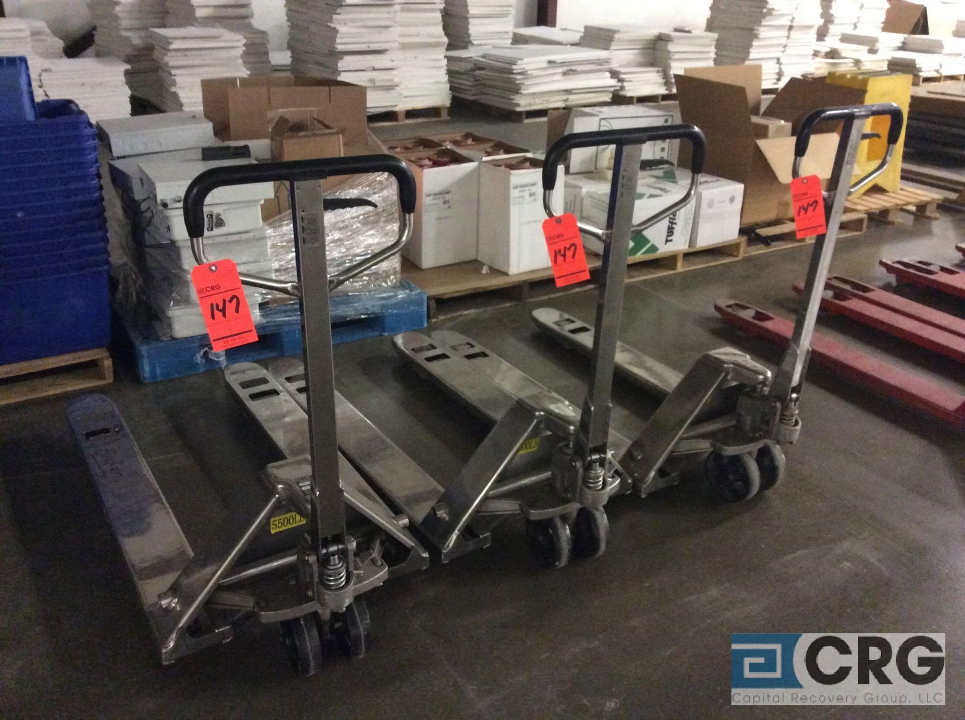 Lot of (3) stainless steel clean room pallet jacks, 5500 lb capacity