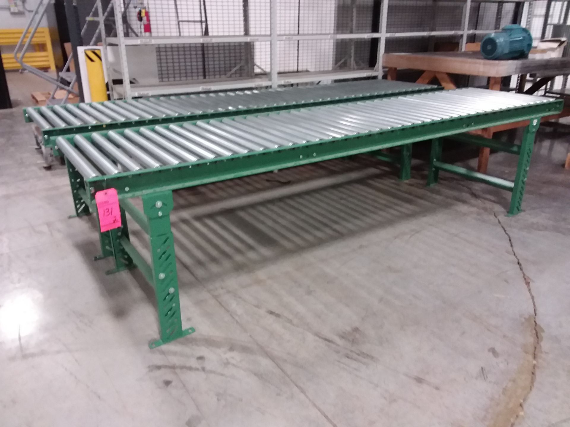 Lot of (3) 10 ft. long x 30 in. wide sections roller conveyor, 26 3/4 x 2 in. rollers