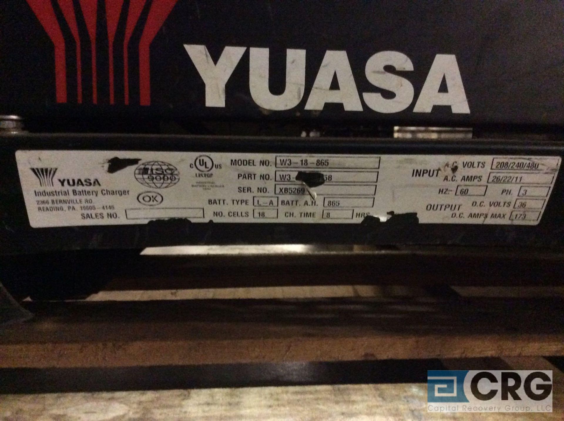 Exide/Yuasa WorkHog W3-18-865 battery charger, 18 cell, 36 volts, 208/240/480 3 phase - Image 2 of 2