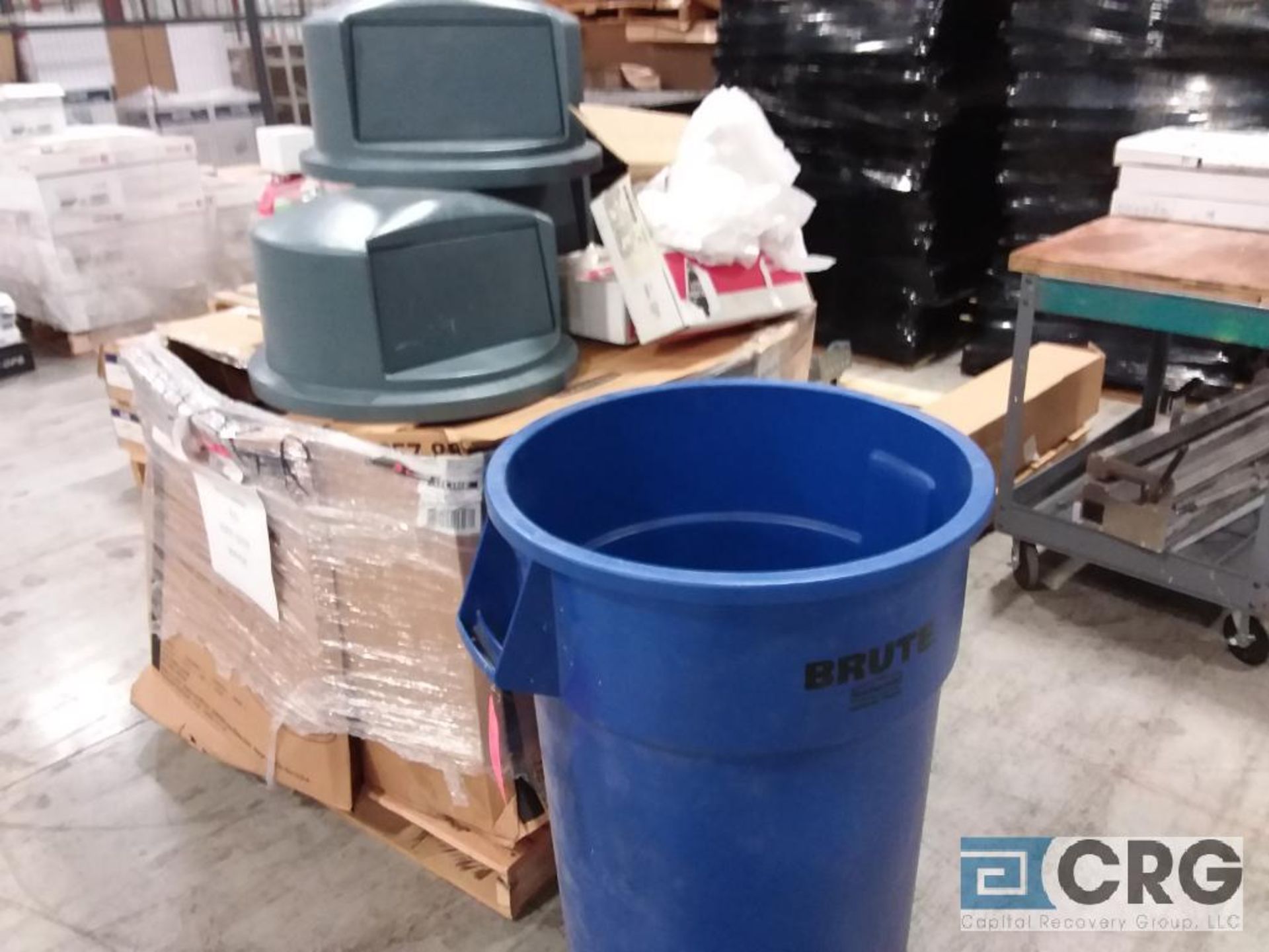 (1) 55 gallon trash can, (7) trash lids, (2) boxes of trash liners (50)/box 29 in. x 24 in. x 80