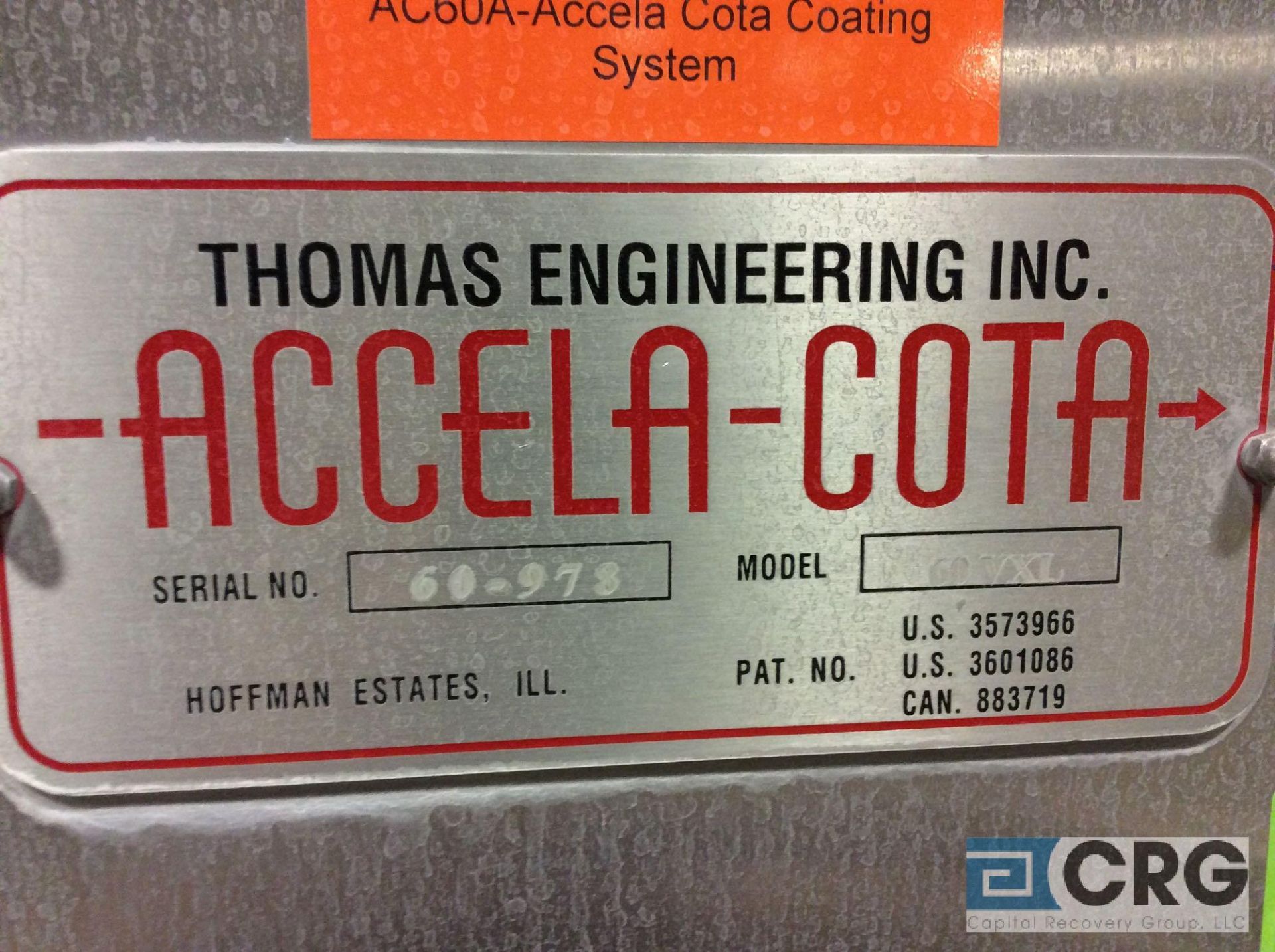 2000 Thomas Accela-Cota 60VXL coating machine, sn 978, 3-phase, with portable spray cart sn 596, - Image 6 of 19