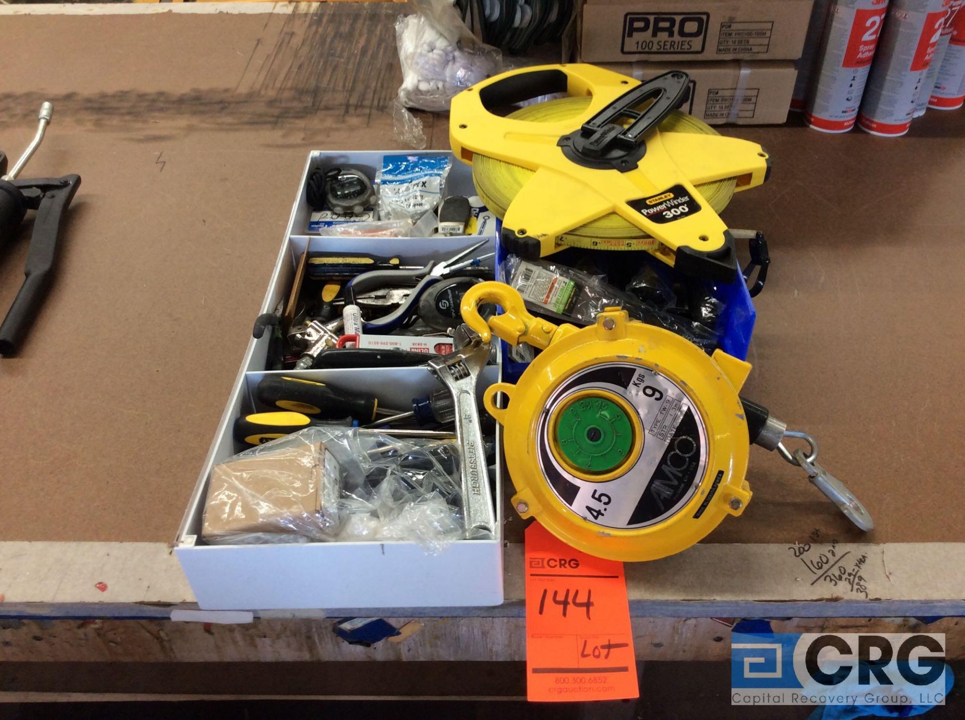 Lot of assorted tools, to include screwdrivers, putty knives, wrenches, Stanley Power Winder 300 ft