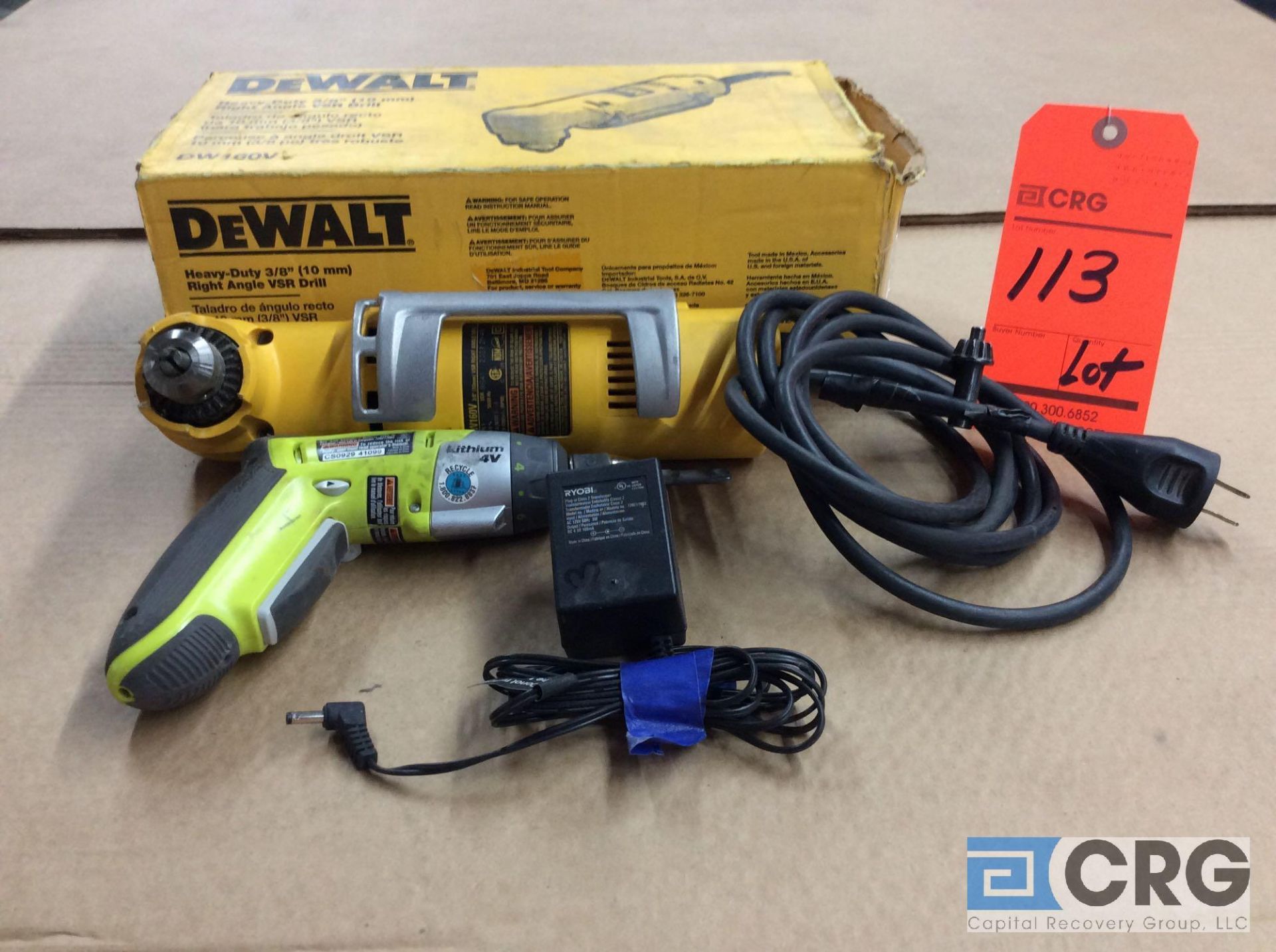 Lot of (1) DeWALT right angle drill m/n DW160V 3/8 in., (1) RYOBI lithium 4V m/n HP41L cordless