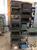 Lot of heavy duty metal storage containers with shelving, 5 cases of plastic parts bins