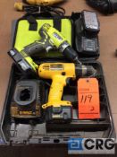 Lot of (2) cordless drills with cases, (1) DeWALT 12 volt 3/8 in. m/n DW927, (1) RYOBI 18 volt 1/2