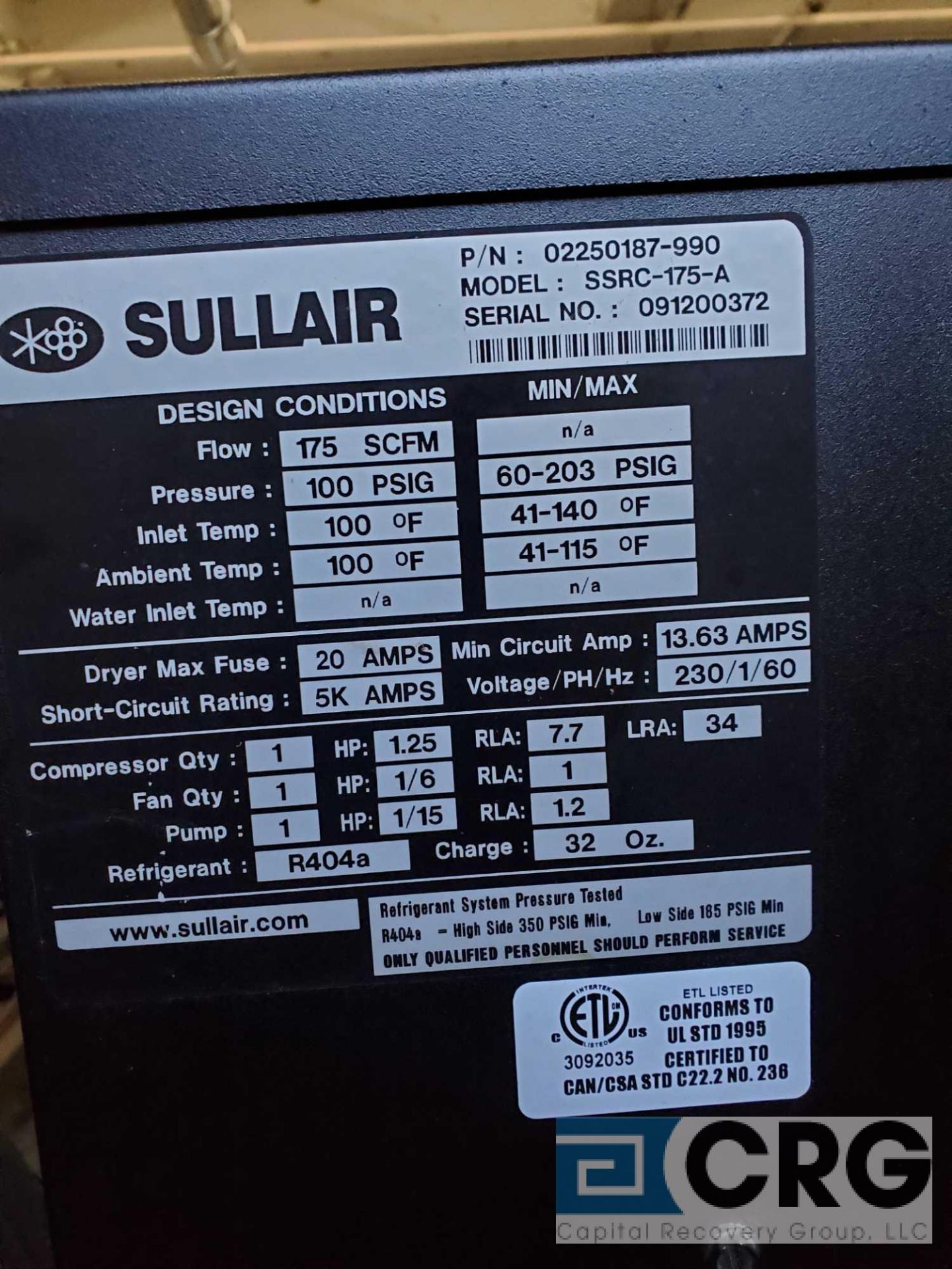 2019 Sullair 3009V rotary screw air compressor, 45 HP, 135 CFM, with SSRC-175A refrigerated air - Image 4 of 7