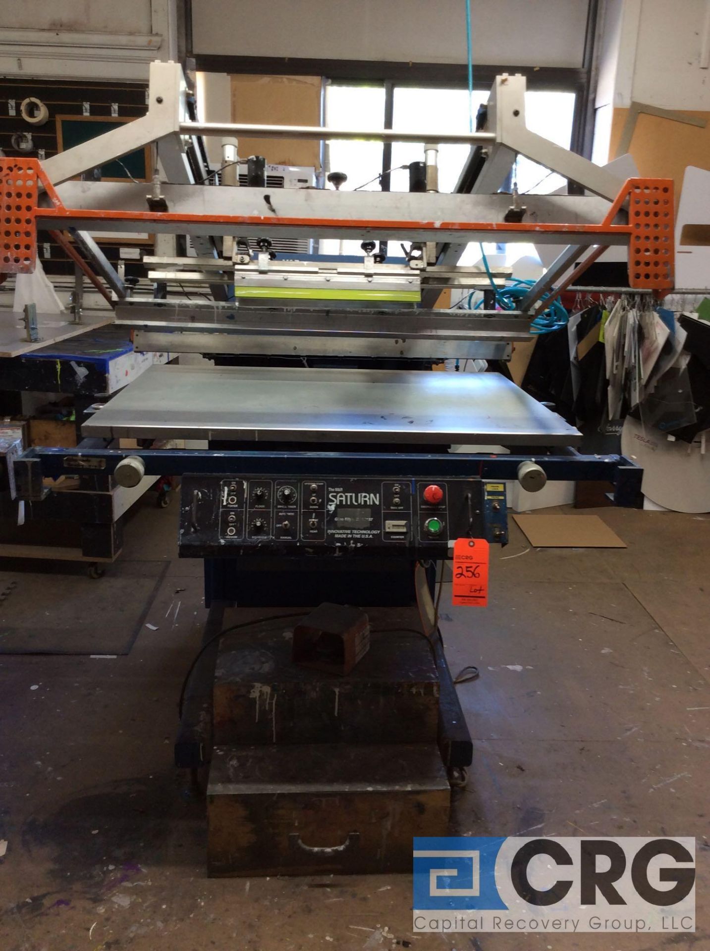 M & R Saturn 30 in. X 40 in. semi-automatic screen printing press with auto take off conveyor