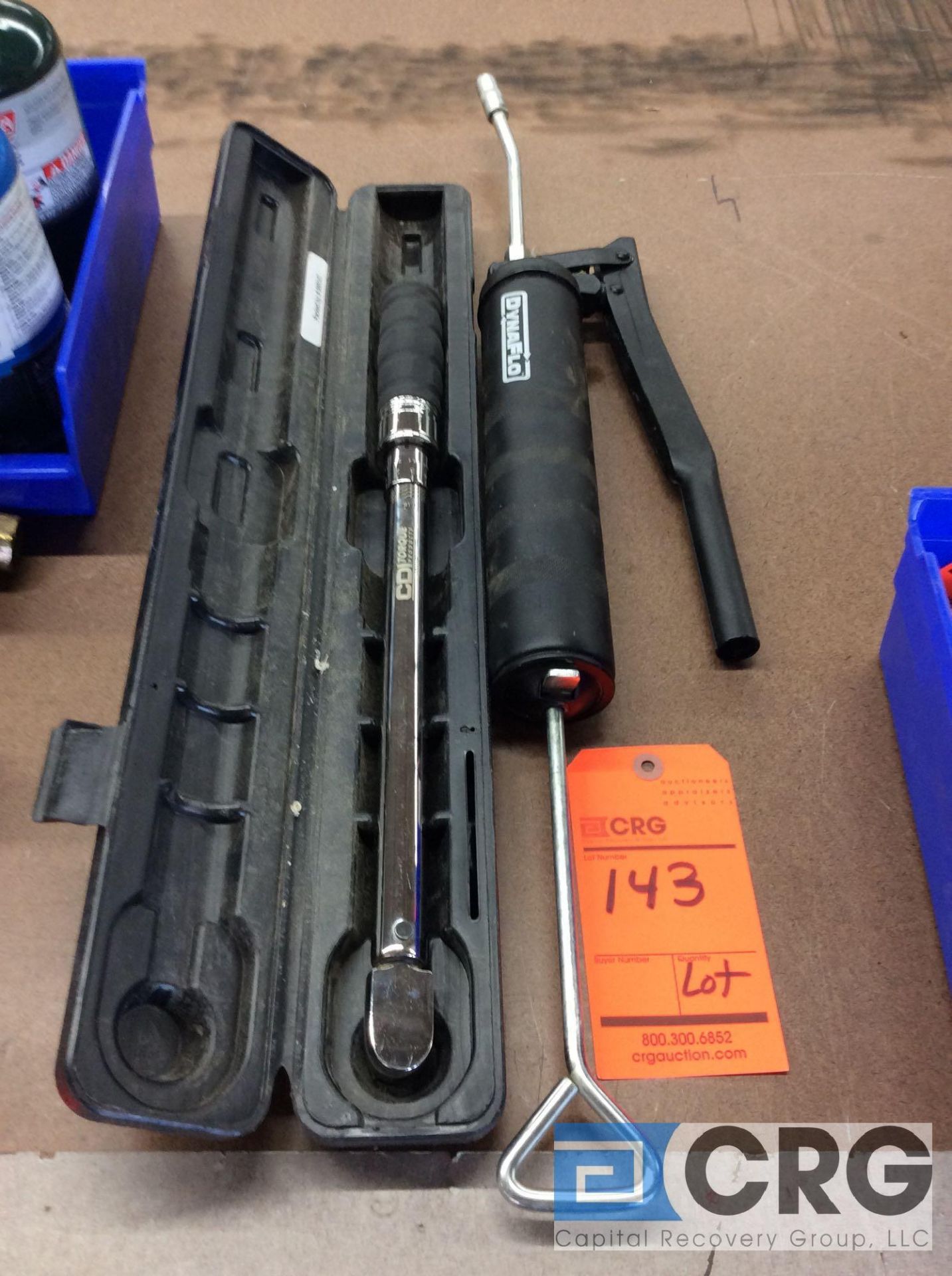 Lot including (1) CD Torque products torque wrench, (1) DynaFlo grease gun