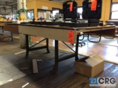 Lot of (10) custom made work tables/benches, with steel metal legs (contents of table not included)