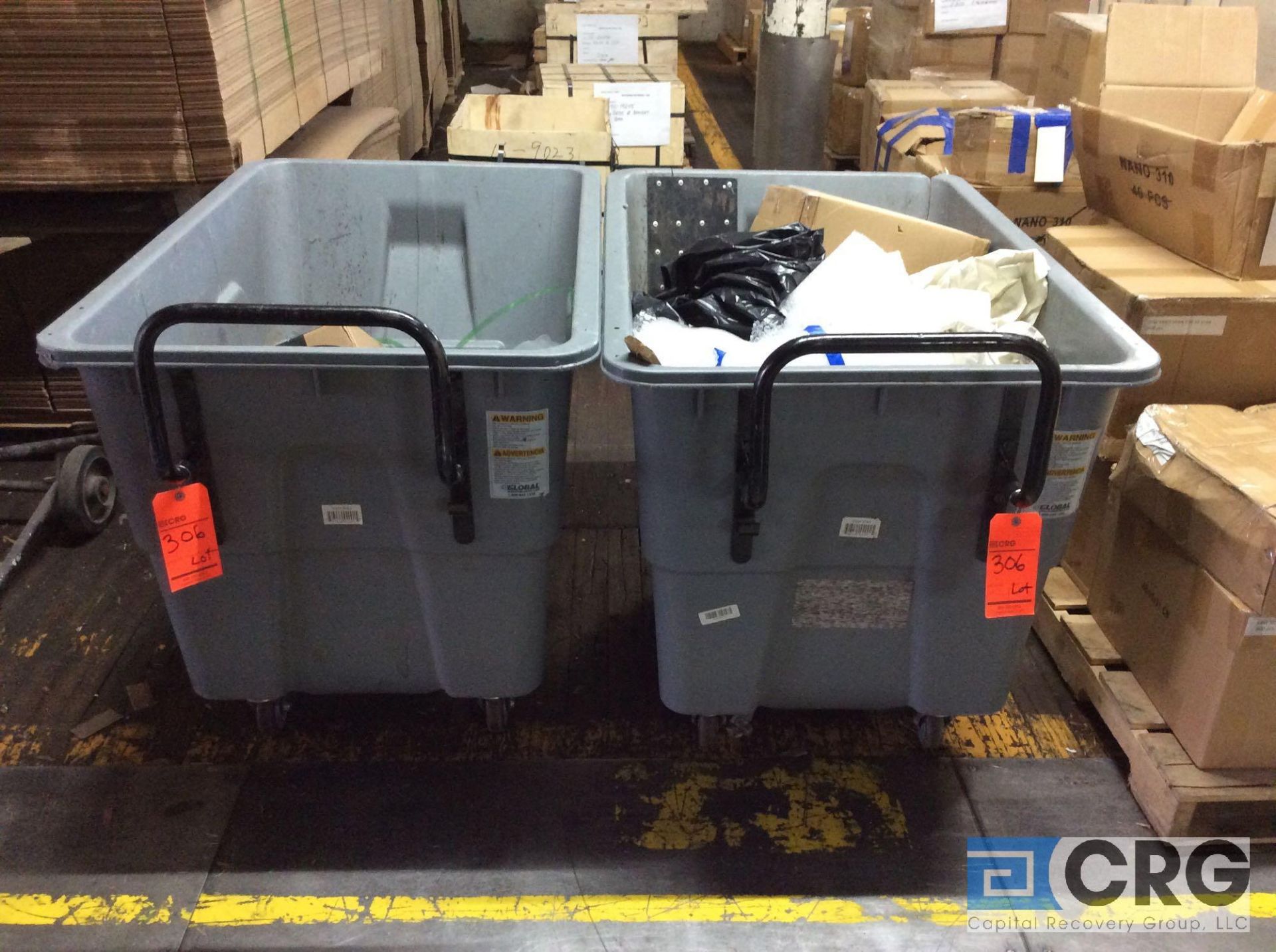 Lot of (4) 1 yd. rolling trash hoppers, (10) Uline 50 gallon trash cans on rolling bases - Image 2 of 2