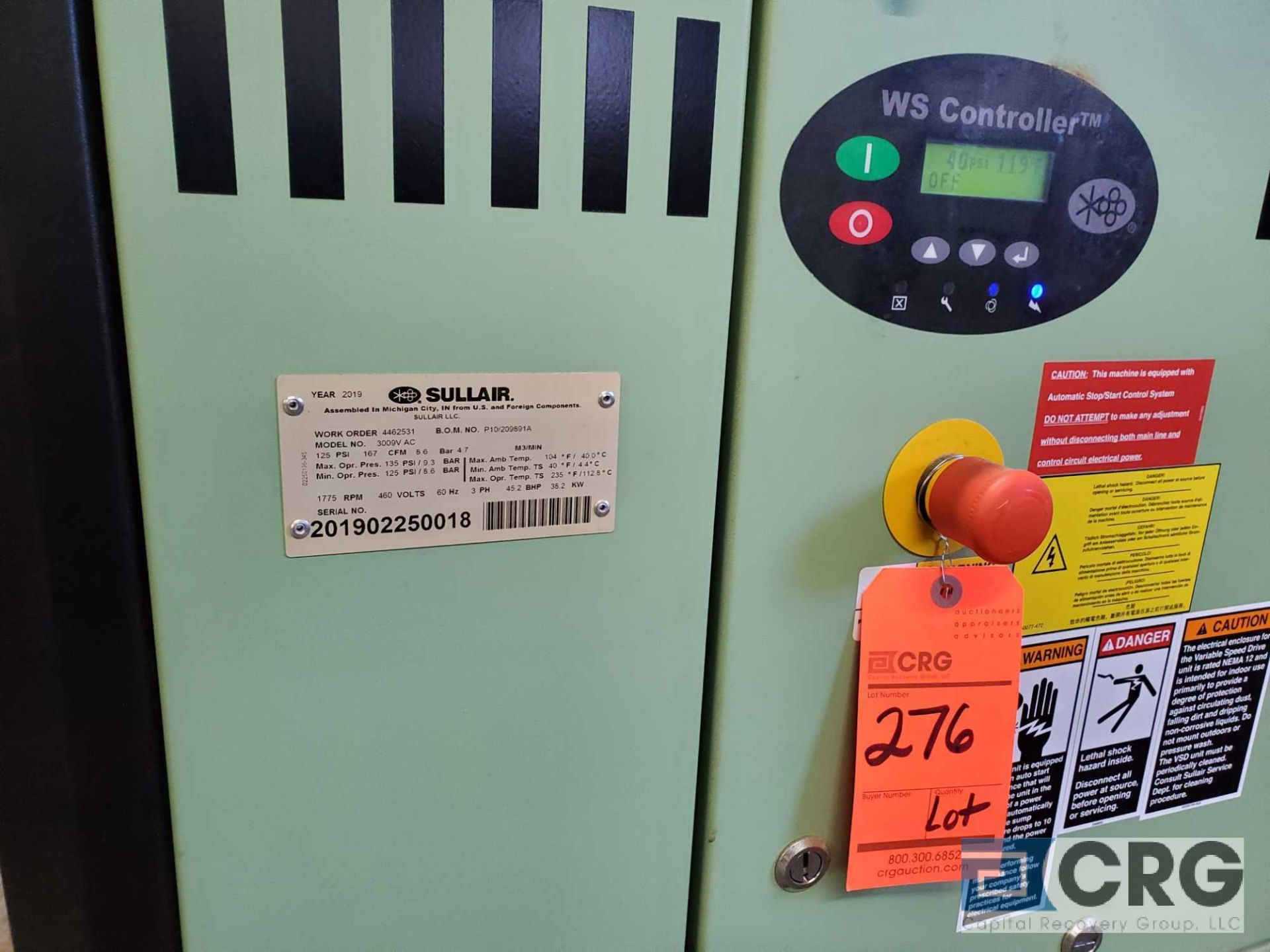 2019 Sullair 3009V rotary screw air compressor, 45 HP, 135 CFM, with SSRC-175A refrigerated air - Image 2 of 7