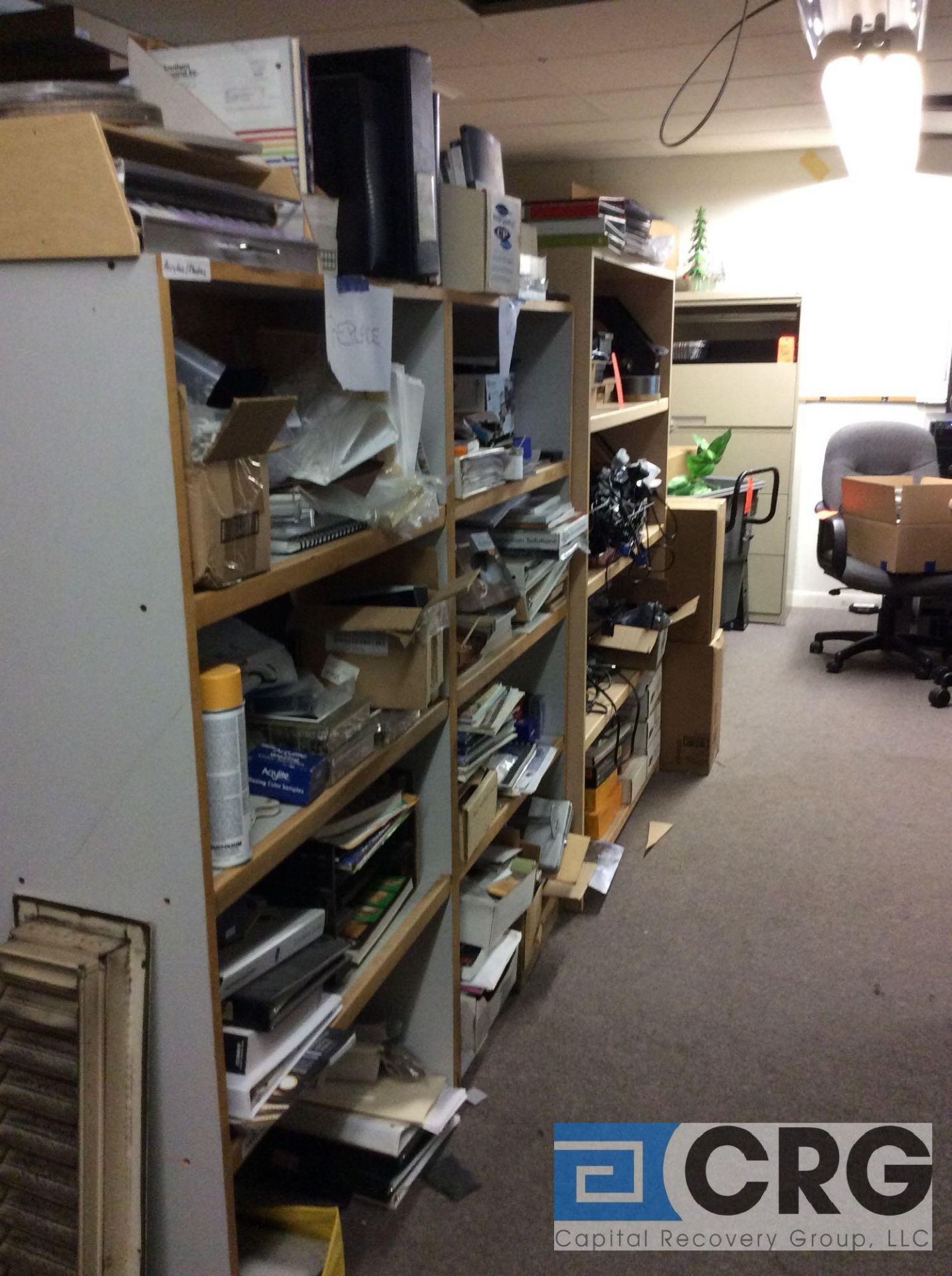 Lot of entire room, to include shelving, metal cabinets, metal filing cabinets, displays, road - Image 10 of 10