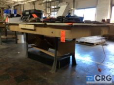Lot of (10) custom made work tables/benches,with steel metal legs (contents of table not included)