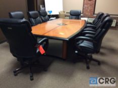 Conference table with (8) high back leather rolling arm chairs