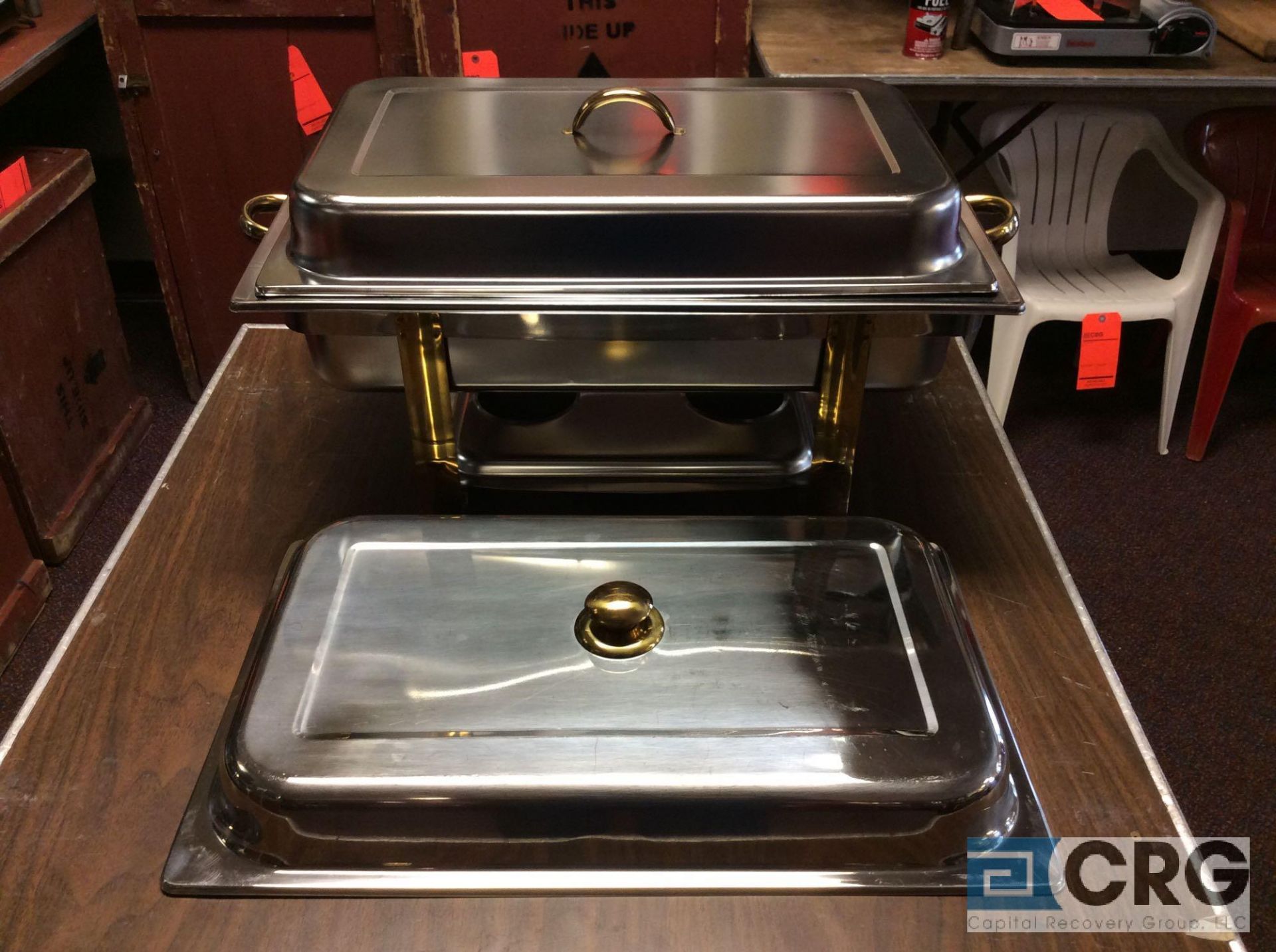 Lot of (4) 8 Qt assorted chafing dishes, rectangular stainless with brass metal handles, 12 x 20