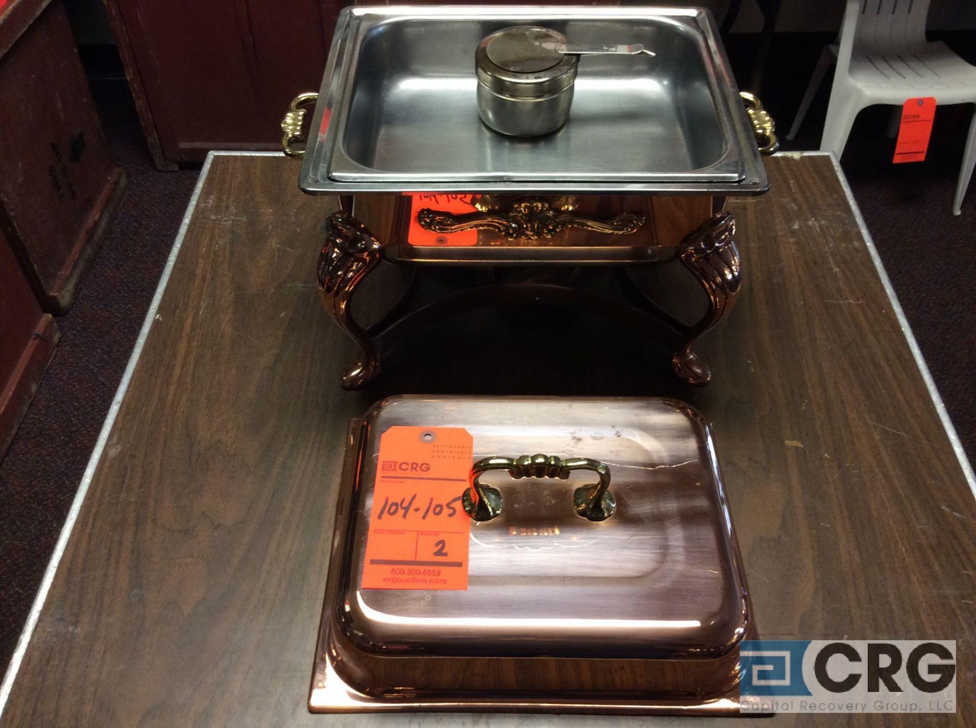Lot of (2) 4 Qt copper plated chafing dishes, 10 x 12